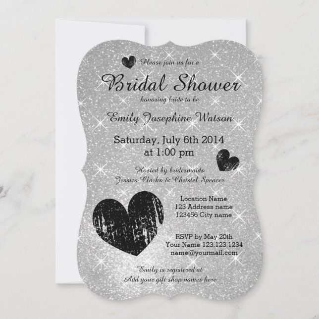 Faux silver black glitter bridal shower invitation (Front)