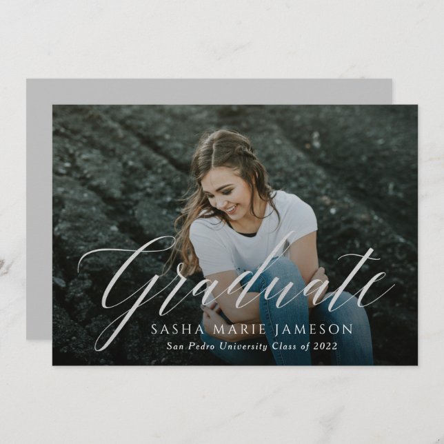 Faux Silver Calligraphy Graduate Landscape Photo Invitation (Front/Back)