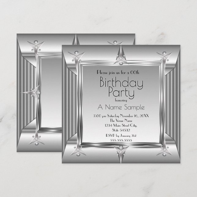 Faux Silver Chrome Metal look Birthday Party sq Invitation (Front/Back)