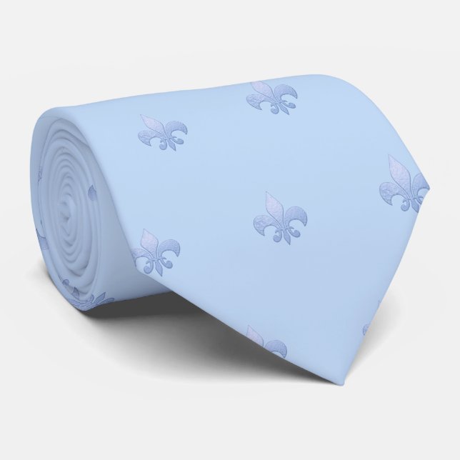 Faux Silver Fleur de lis DIY Dusty Blue  Tie (Rolled)