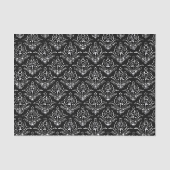 Faux Silver Floral Damasks Black Background Tissue Paper (Front)