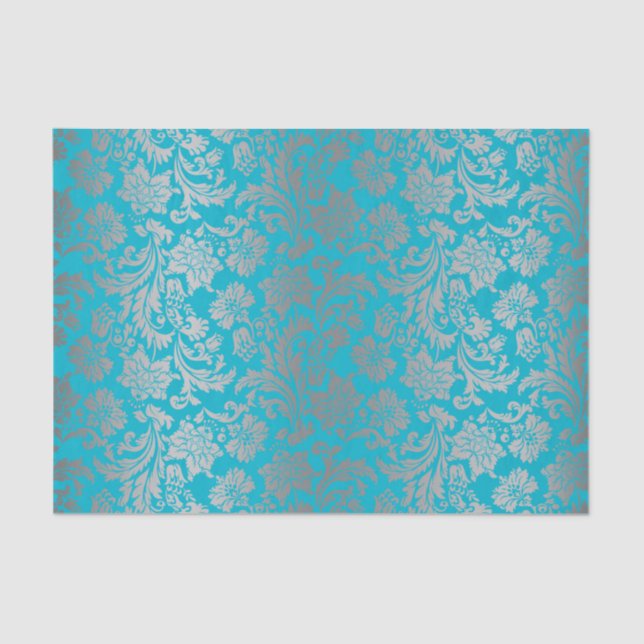 Faux Silver Floral Damasks Blue Background Tissue Paper (Front)