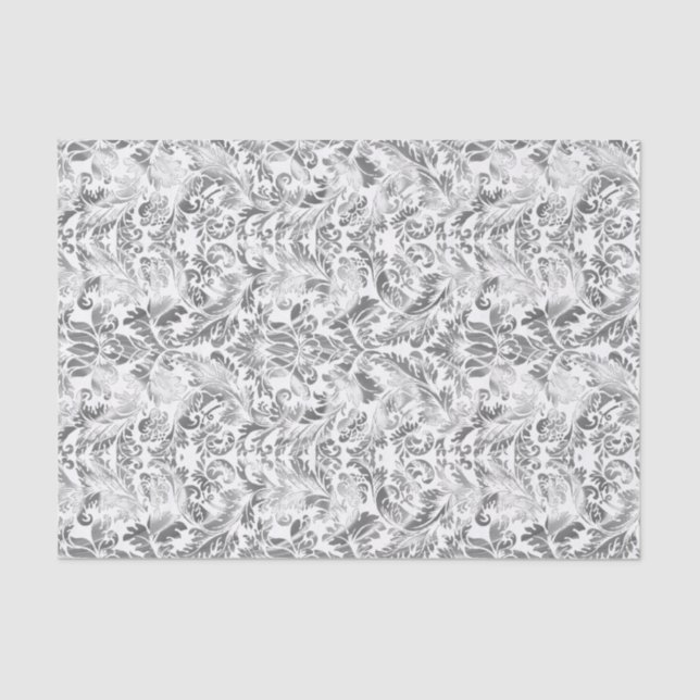 Faux Silver Floral Damasks White Background 4 Tissue Paper (Front)
