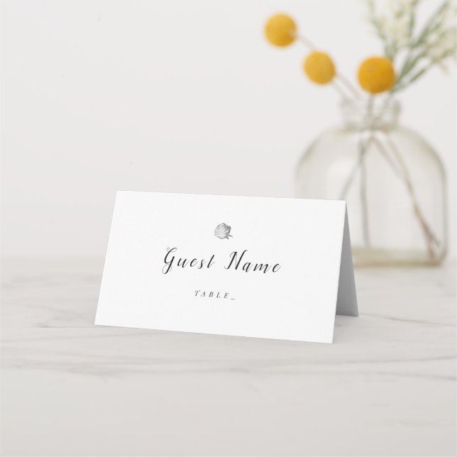 Faux silver floral minimalist wedding place cards (Front)