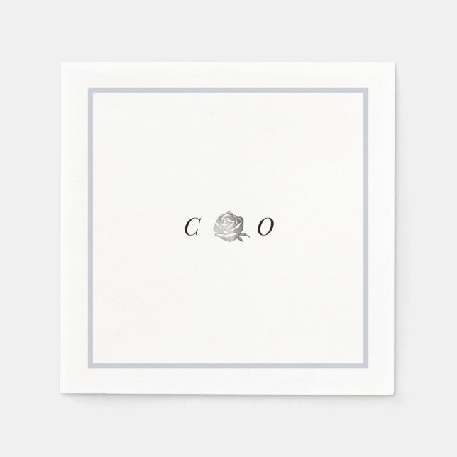 Faux silver floral monogram minimalist wedding napkin (Front)