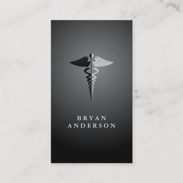 Faux Silver Foil and Black Caduceus Symbol Business Card (Front)