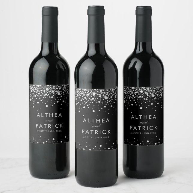 Faux Silver Foil and Black Confetti Dots Wedding Wine Label (Bottles)