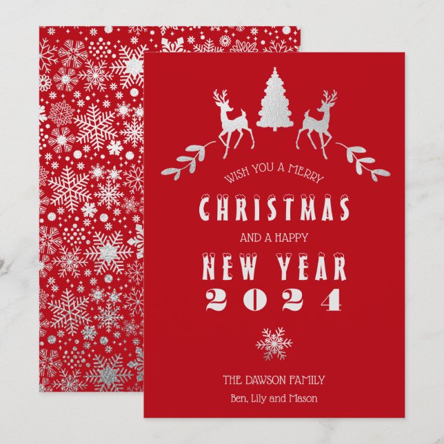 Faux Silver Foil and Red Merry Christmas Card (Front/Back)