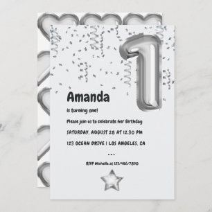 Faux Silver Foil Balloon 1st Birthday Party Invitation