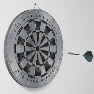 Faux Silver Foil Black Marble Family Name Metallic Dartboard