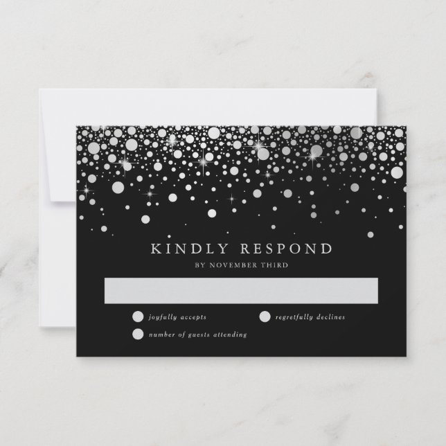 Faux Silver Foil Confetti Black and Silver Wedding RSVP Card (Front)