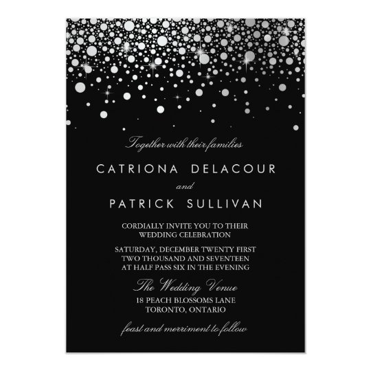 faux silver foil confetti black and white wedding invitation