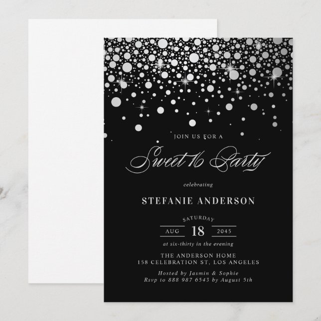 Faux Silver Foil Confetti | Black Sweet Sixteen Invitation (Front/Back)