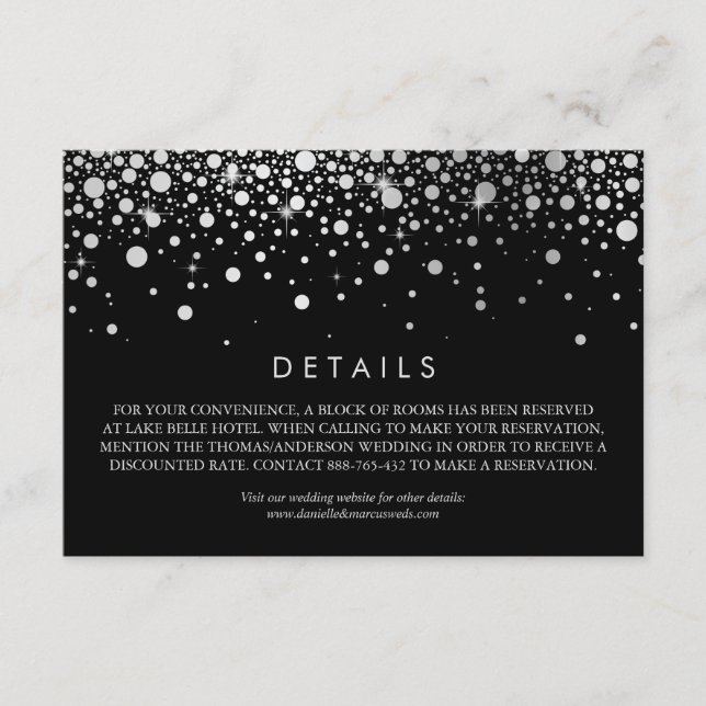 Faux Silver Foil Confetti Black Wedding Details Enclosure Card (Front)