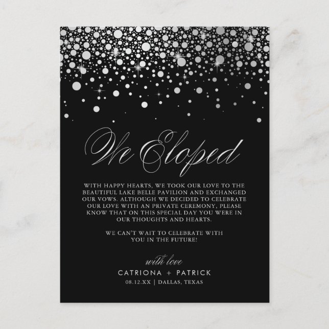 Faux Silver Foil Confetti Black Wedding Elopement Announcement Postcard (Front)