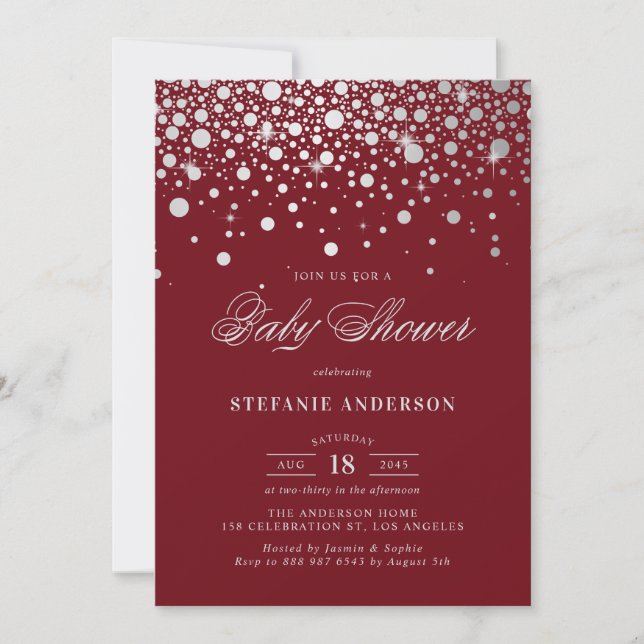 Faux Silver Foil Confetti Burgundy Baby Shower Invitation (Front)