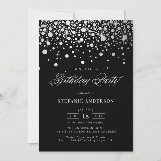 Faux Silver Foil Confetti Dots Black Birthday Invitation (Front)
