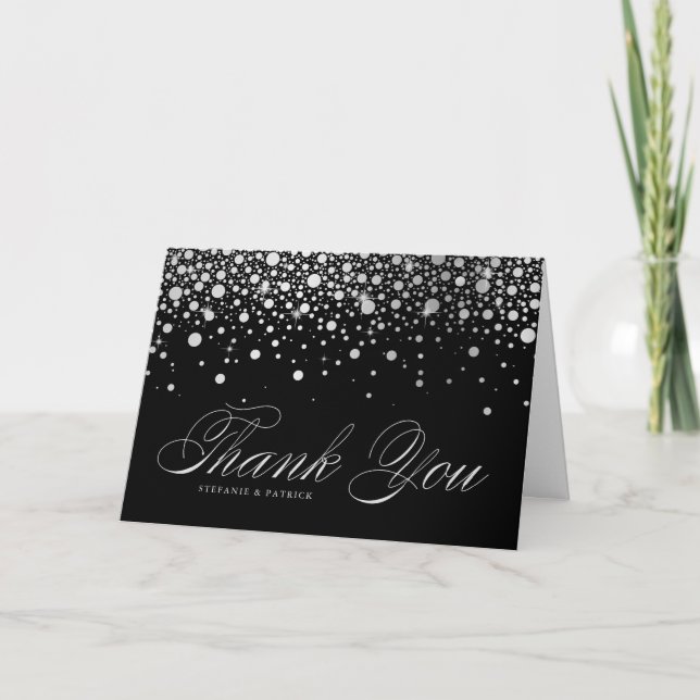 Faux Silver Foil Confetti Dots Black Thank You Card (Front)
