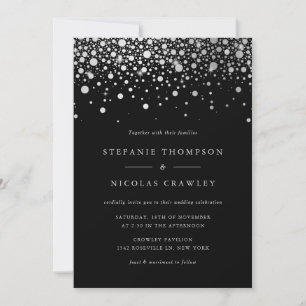 Faux Silver Foil Confetti Dots Black Wedding Invitation
