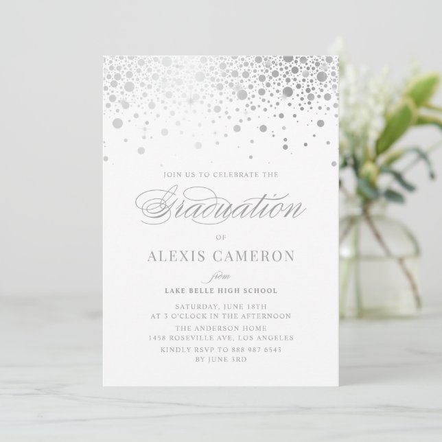 Faux Silver Foil Confetti Dots Graduation Invitation (Standing Front)