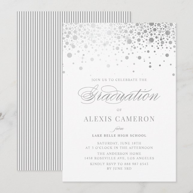 Faux Silver Foil Confetti Dots Graduation Invitation (Front/Back)