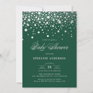 Faux Silver Foil Confetti Dots Green Baby Shower Invitation