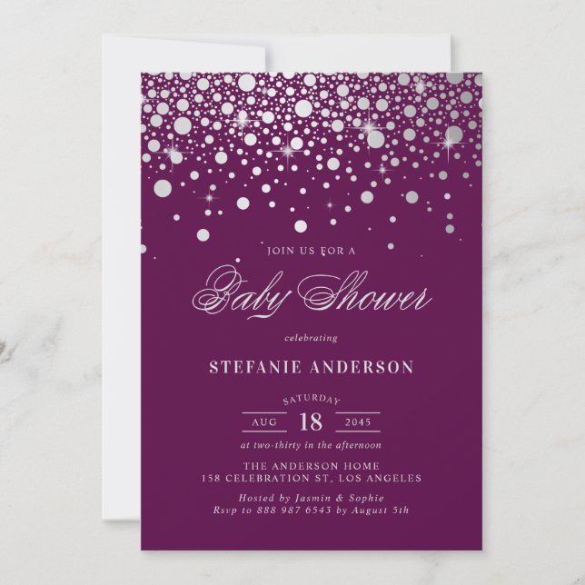 Faux Silver Foil Confetti Dots Purple Baby Shower Invitation (Front)