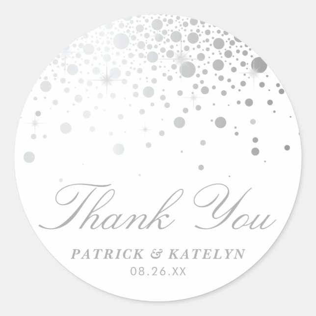 Faux Silver Foil Confetti Dots Wedding Thank You Classic Round Sticker (Front)