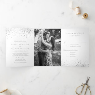 Faux Silver Foil Confetti Dots White Wedding  Tri-Fold Invitation