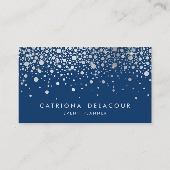 Faux Silver Foil Confetti | Navy Business Card (Front)