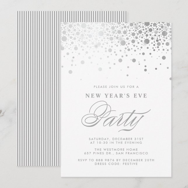 Faux Silver Foil Confetti New Year's Eve Party Invitation (Front/Back)