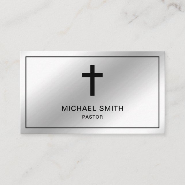 Faux Silver Foil Jesus Christ Cross Pastor Business Card (Front)