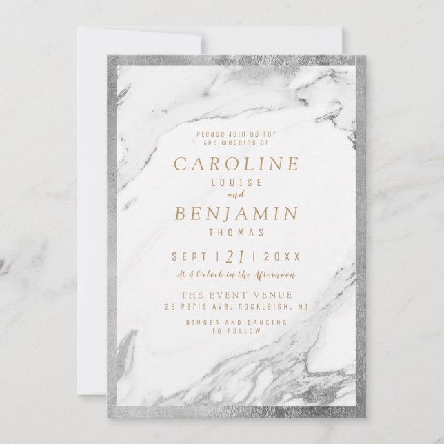 Faux silver foil marble luxury modern wedding invitation (Front)