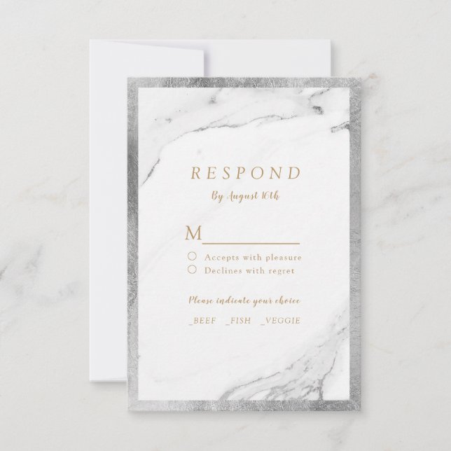 Faux silver foil marble luxury modern wedding RSVP (Front)