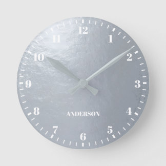 Faux Silver Foil Metallic Grey White Custom Name Round Clock