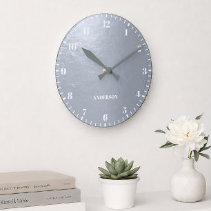 Faux Silver Foil Metallic Grey White Custom Name Round Clock