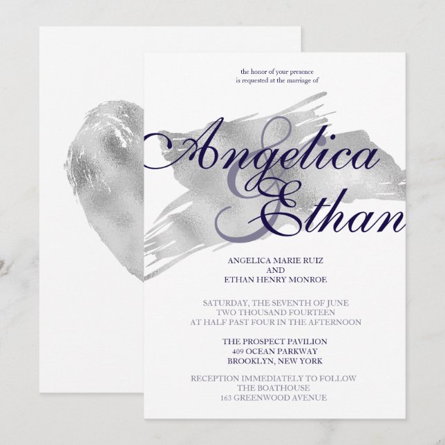 Faux Silver Foil, Modern Wedding Invitation (Front/Back)