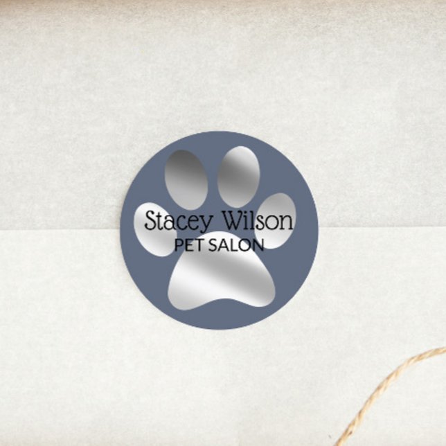 Faux Silver Foil Paw Print Logo On Blue Classic Round Sticker (Creator Uploaded)