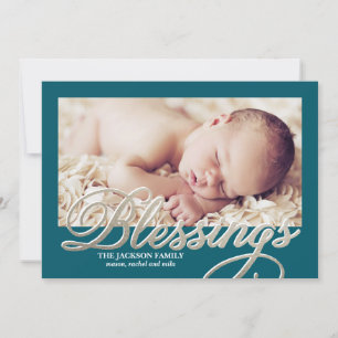 Faux Silver Foil Script Blessings Holiday Photo Card