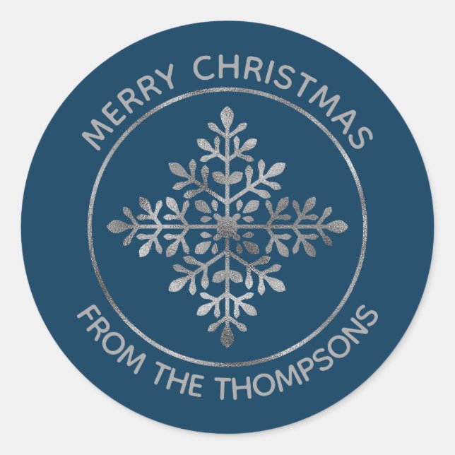 Faux Silver Foil Snowflake On Blue (Not Real Foil) Classic Round Sticker (Front)