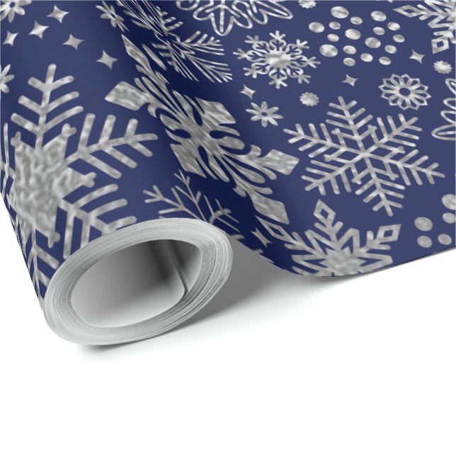 Faux Silver Foil Snowflakes Pattern Navy Holidays Wrapping Paper (Roll Corner)