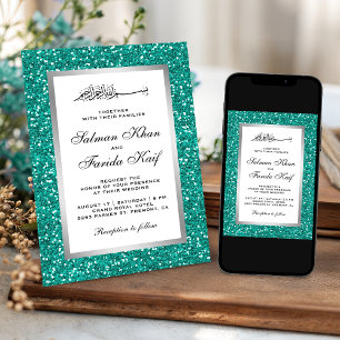 Faux Silver Foil Teal Glitter Islamic Wedding Invitation