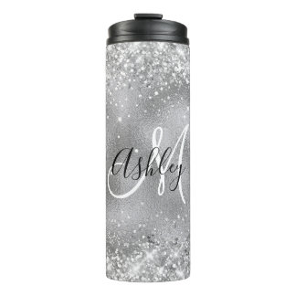 Faux Silver Foil with Sparkly Glitter Monogram Thermal Tumbler