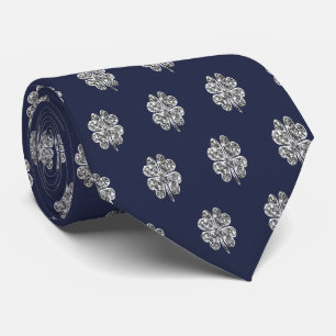 Faux Silver Four Leaf Clover Good Luck Dark Blue Tie