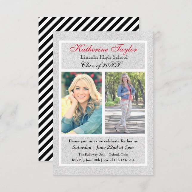 Faux Silver Glitter - 3x5 Graduation Announcement (Front/Back)