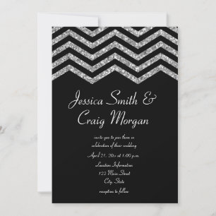 Faux Silver Glitter and Black Chevron Wedding Invitation