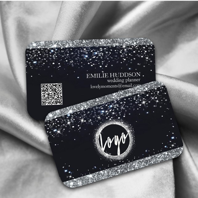Faux Silver Glitter and Black  Elegant QR code  Business Card (Faux Silver Glitter and Black Elegant QR code Business Card. #luxefauxgold #beauty #stylist)