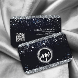 Faux Silver Glitter and Black  Elegant QR code  Business Card