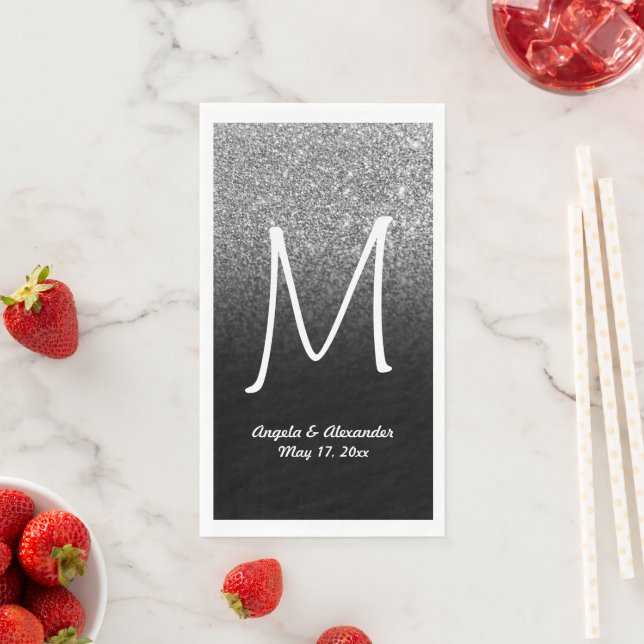 Faux Silver Glitter and Black Ombre Monogram Napkin (Insitu)