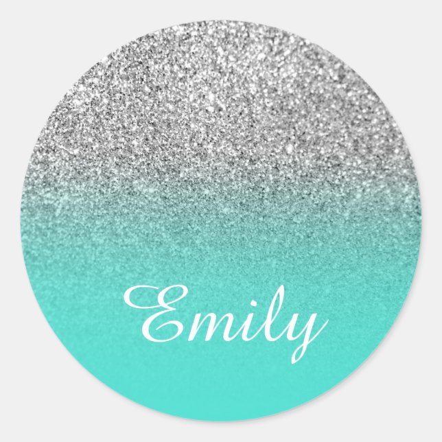 Faux Silver Glitter and Classic Turquoise Gradient Classic Round Sticker (Front)